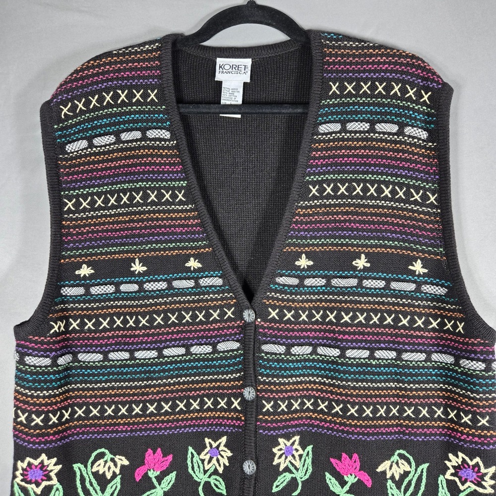 Koret Francisca Sweater Vest Womens L Black Floral Embroidered Knit Cottagecore - Picture 2 of 9